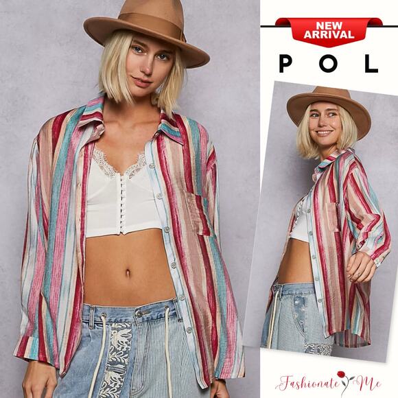 POL Striped Pattern Long Sleeves Chest Pocket Button Down Oversized Shirt | Pink - Picture 1 of 8